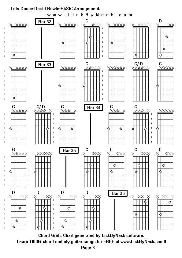 Chord Grids Chart of chord melody fingerstyle guitar song-Lets Dance-David Bowie-BASIC Arrangement,generated by LickByNeck software.